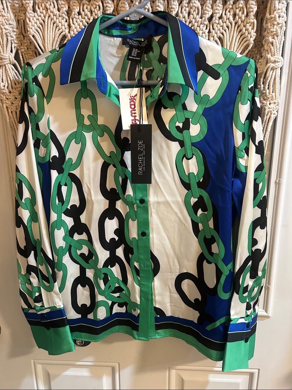 Rachel Zoe Blue, Green & Black Chain-Print Button-Down Shirt
